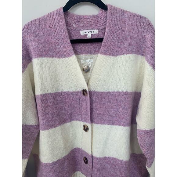 Wynter Oversized Striped Button Front Cardigan – Purple & White, Size L - Picture 3 of 8